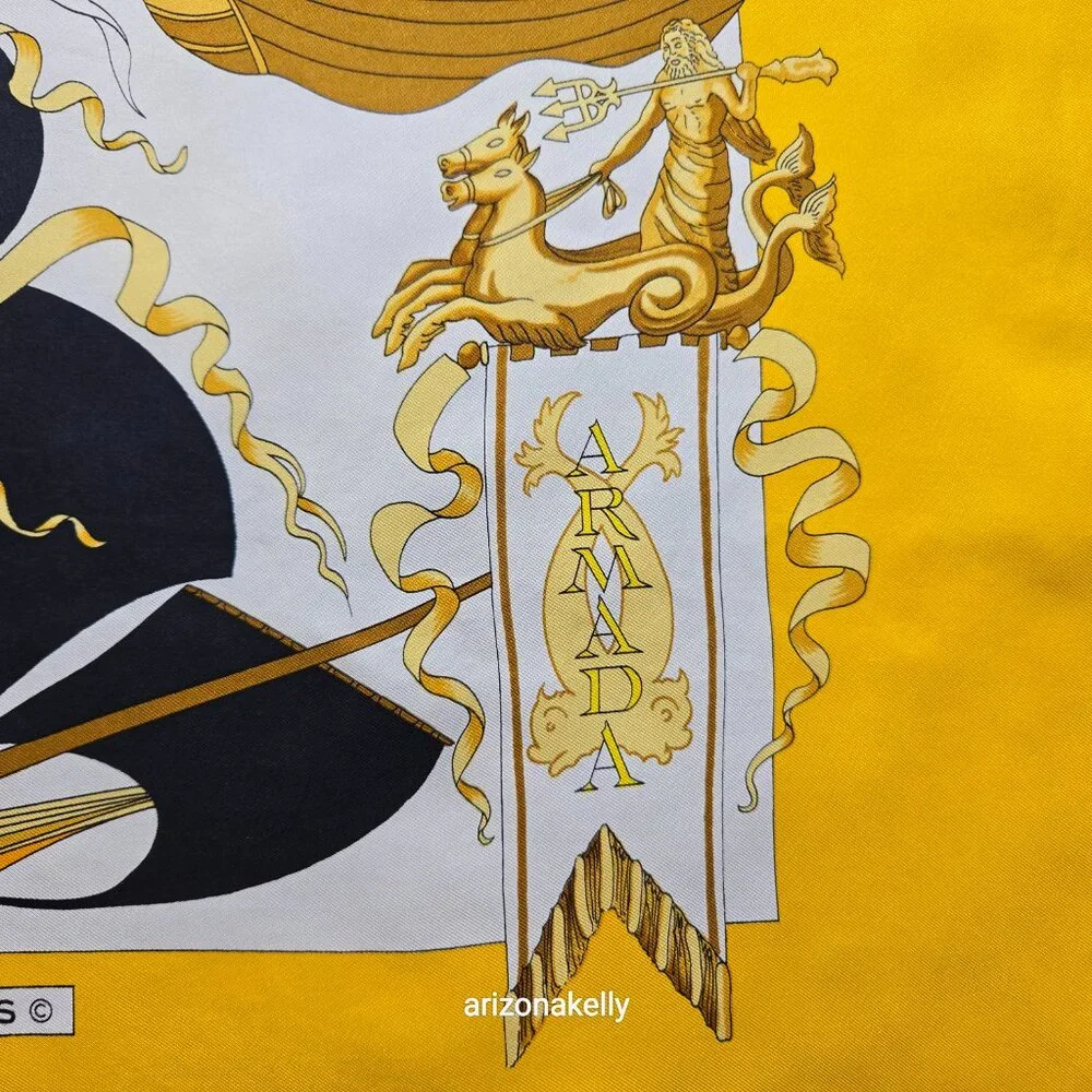 Hermès "Armada" Vintage Yellow Silk Scarf Hand Rolled Carre 90 Nautical Ships - Picture 5 of 16